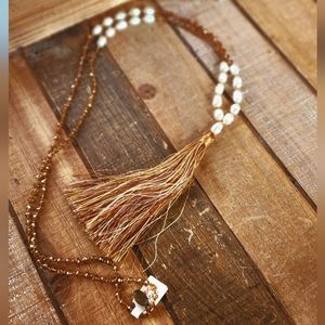 Zacasha Boho Faceted Crystal and Pearl Tassel Drop Necklace Orange Amber NWT